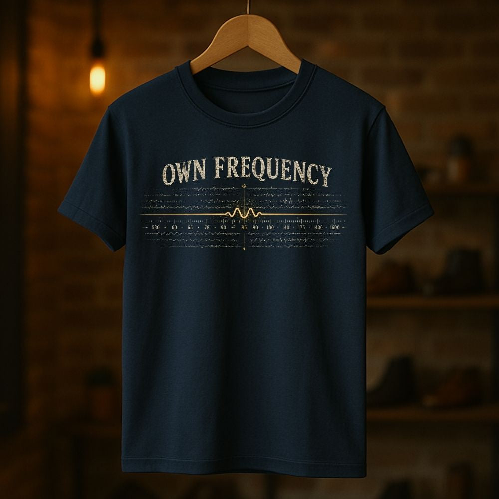Navy blue t-shirt with 'OWN FREQUENCY' text on a wooden hanger against a dark background
