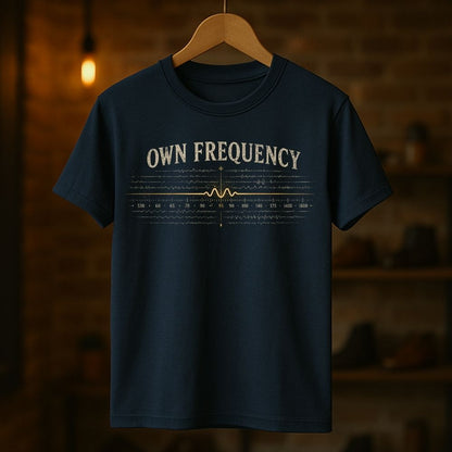 Navy blue t-shirt with 'OWN FREQUENCY' text on a wooden hanger against a dark background