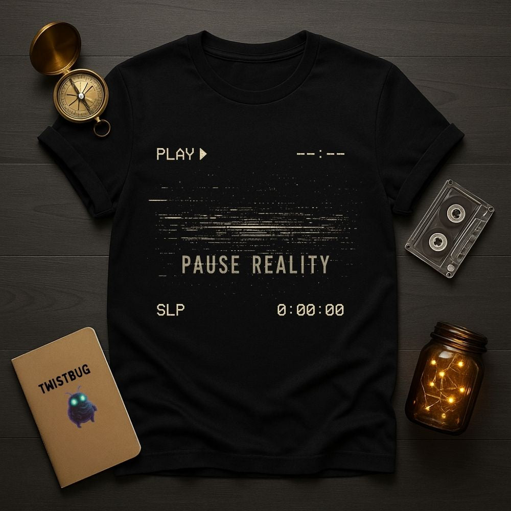 Black t-shirt with 'Pause Reality' design on a wooden surface with decorative items.