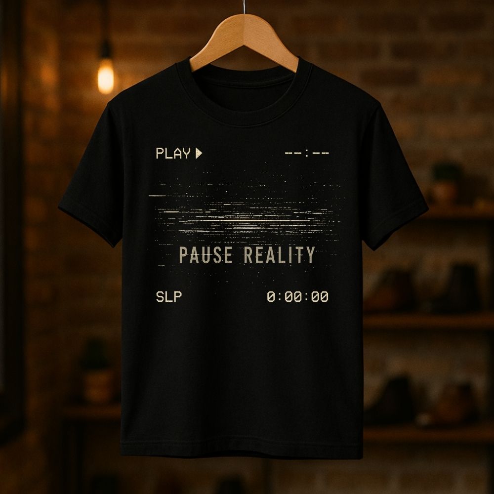 Black t-shirt with text design on a wooden hanger against a dark background