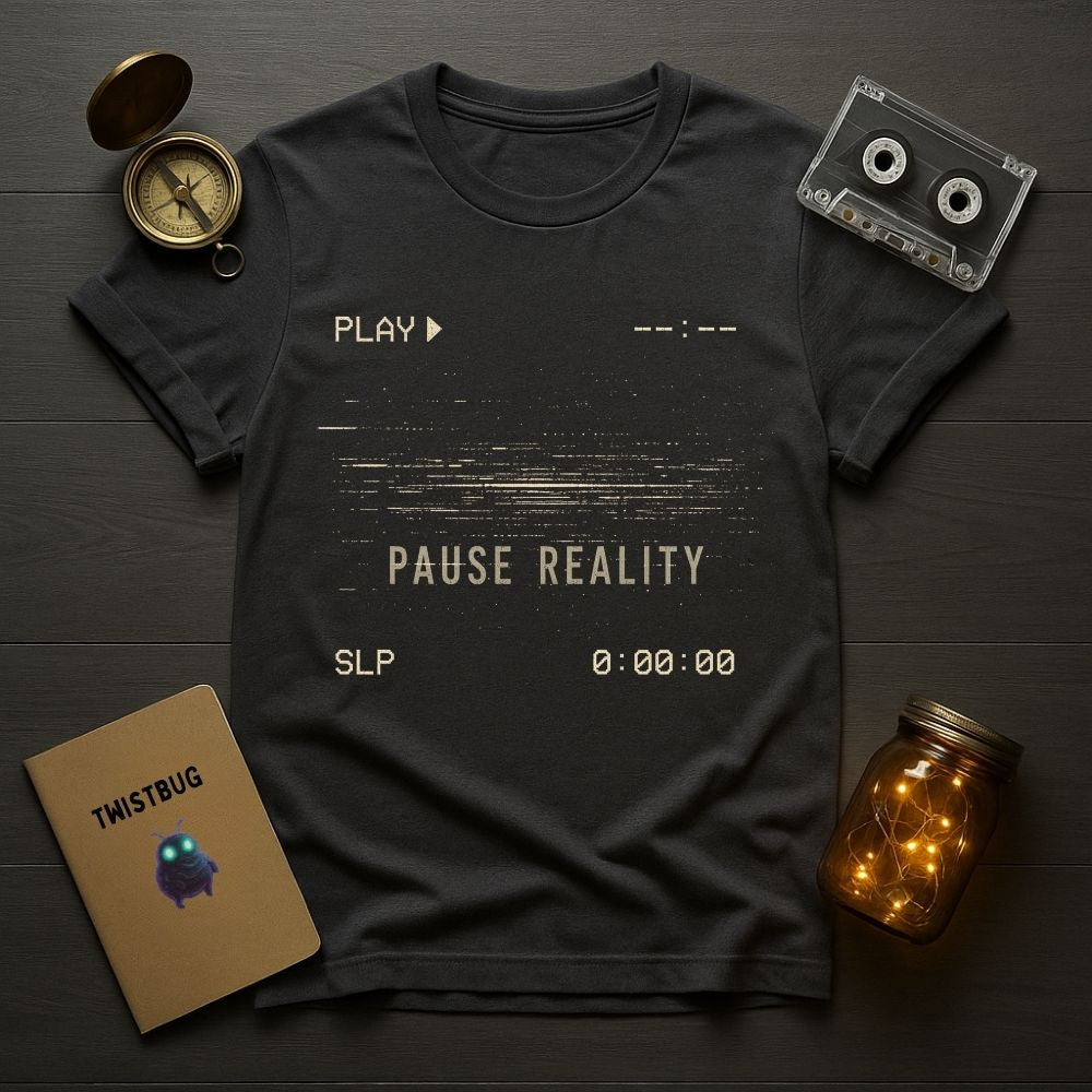 Black t-shirt with 'Pause Reality' design on a wooden surface with a compass, cassette tape, and jar.