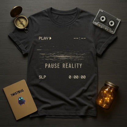 Black t-shirt with 'Pause Reality' design on a wooden surface with a compass, cassette tape, and jar.