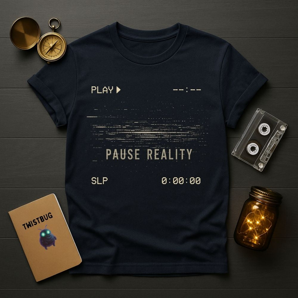 Navy blue t-shirt with 'Pause Reality' design on a wooden surface with vintage items.