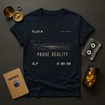 Navy blue t-shirt with 'Pause Reality' design on a wooden surface with vintage items.