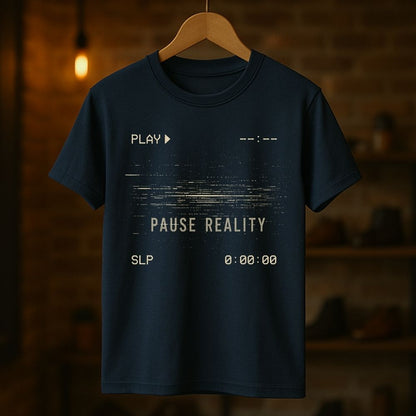Navy blue t-shirt with text design on a wooden hanger against a dark background