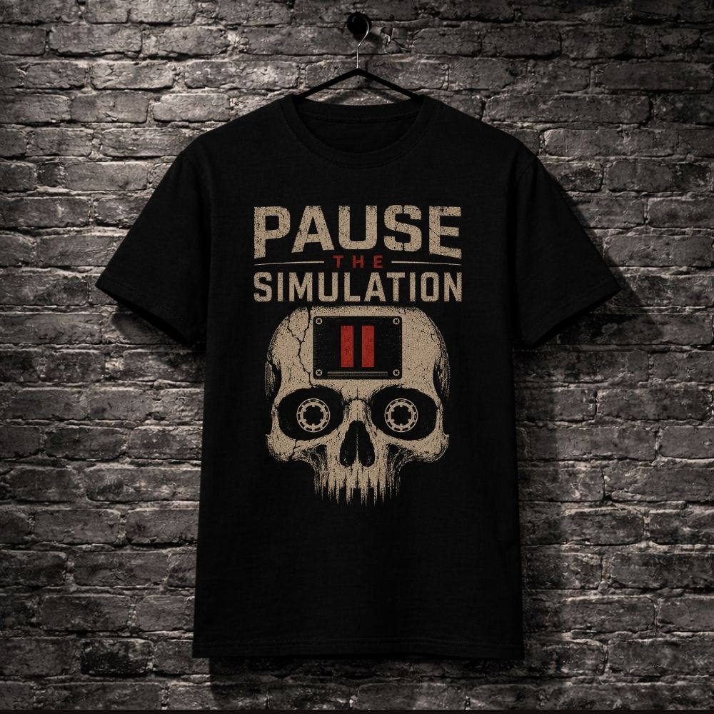 Black t-shirt with 'Pause the Simulation' design on a brick wall background