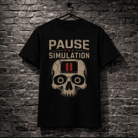 Black t-shirt with 'Pause the Simulation' design on a brick wall background