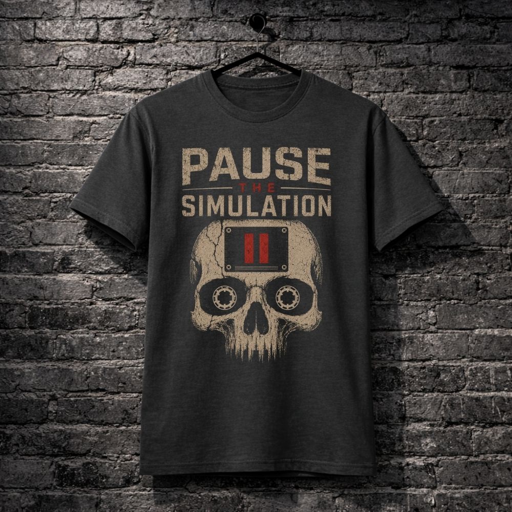 T-shirt with 'Pause the Simulation' design on a brick wall background