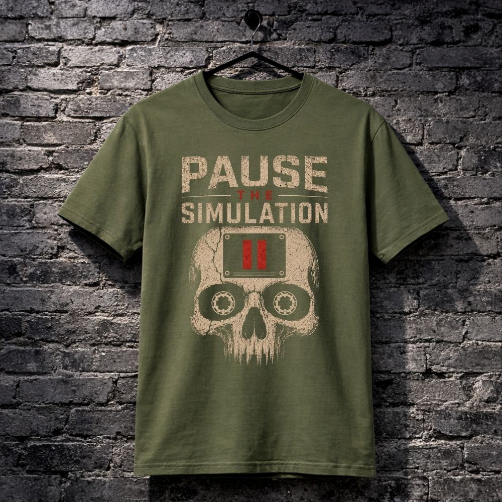 Green t-shirt with 'Pause the Simulation' design on a brick wall background