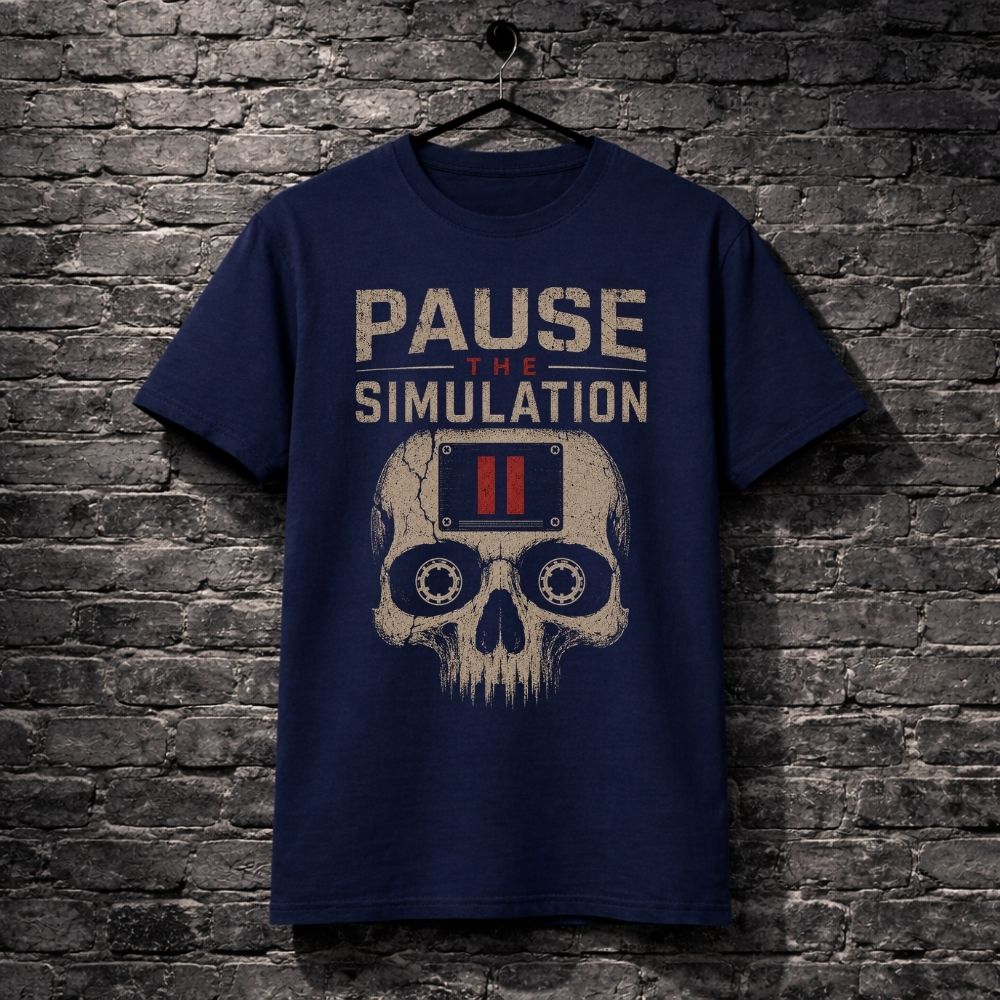 Navy blue t-shirt with skull graphic and 'Pause the Simulation' text on a brick wall background