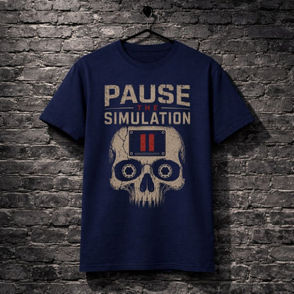 Navy blue t-shirt with skull graphic and 'Pause the Simulation' text on a brick wall background