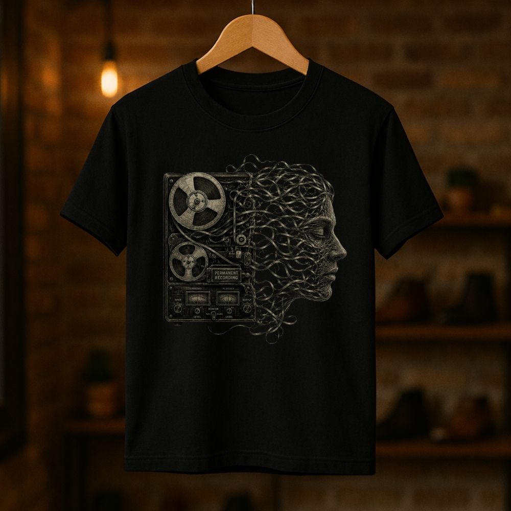 A black short-sleeve t-shirt hanging on a wooden hanger against a warm, blurred brick wall background. The shirt features a detailed graphic print on the front showing a split design: a vintage reel-to-reel tape machine on the left and a profile of a human head made of tangled wires or threads on the right.