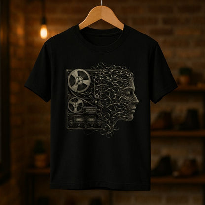 A black short-sleeve t-shirt hanging on a wooden hanger against a warm, blurred brick wall background. The shirt features a detailed graphic print on the front showing a split design: a vintage reel-to-reel tape machine on the left and a profile of a human head made of tangled wires or threads on the right.