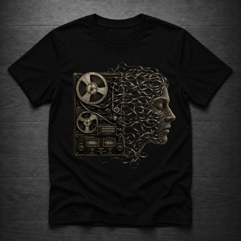 A black short-sleeve crewneck t-shirt laid flat on a dark wood background, featuring a detailed graphic print of a reel-to-reel tape machine merging into a profile of a woman's face made of tangled wires.