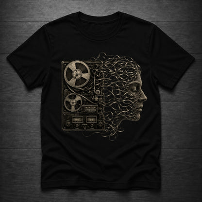 A black short-sleeve crewneck t-shirt laid flat on a dark wood background, featuring a detailed graphic print of a reel-to-reel tape machine merging into a profile of a woman's face made of tangled wires.