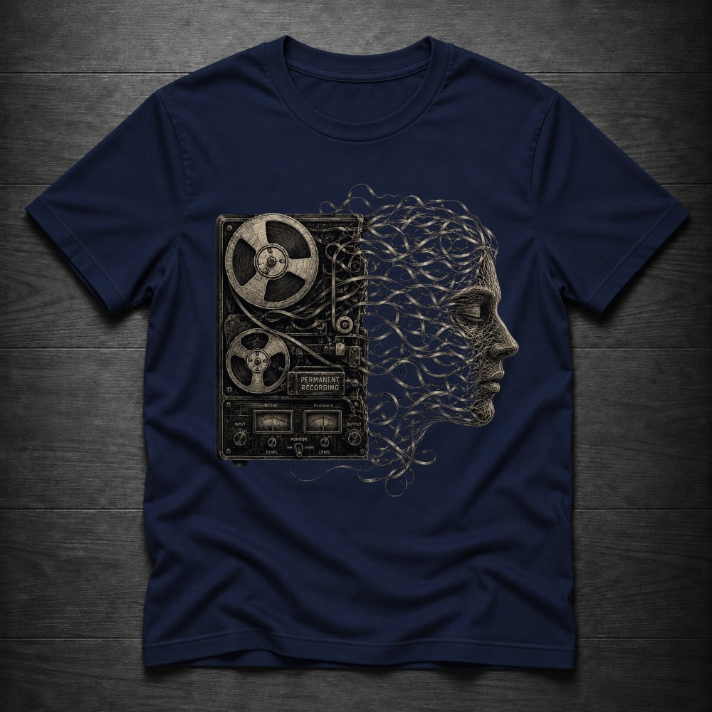 A navy blue short-sleeve t-shirt laid flat on a dark wood background, featuring a large graphic print on the front of a vintage reel-to-reel tape machine on the left and a profile of a woman's face made of tangled wires on the right.