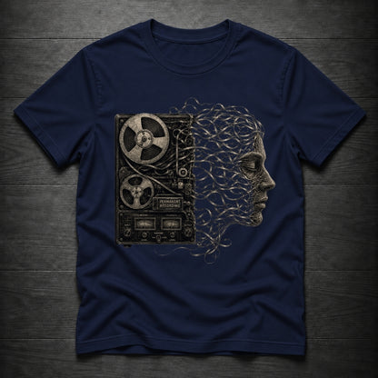 A navy blue short-sleeve t-shirt laid flat on a dark wood background, featuring a large graphic print on the front of a vintage reel-to-reel tape machine on the left and a profile of a woman's face made of tangled wires on the right.