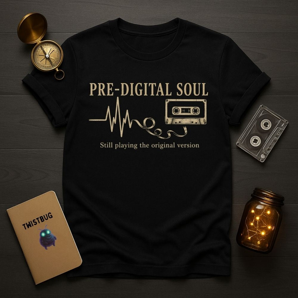 Black t-shirt with 'Pre-Digital Soul' design on a wooden surface with vintage items.