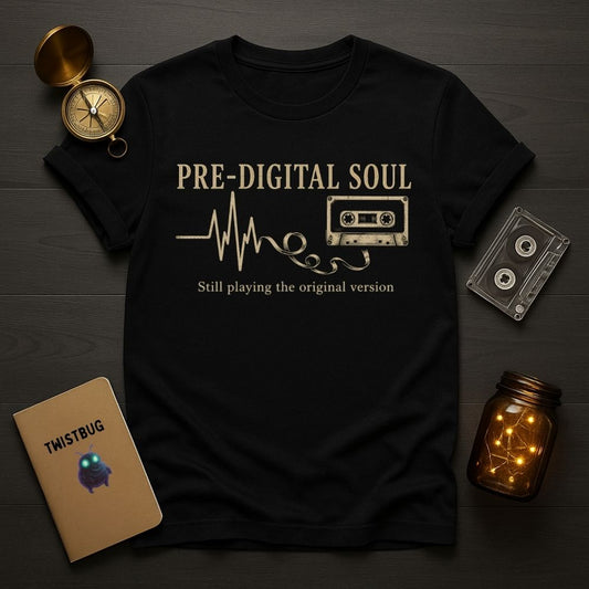 Black t-shirt with 'Pre-Digital Soul' design on a wooden surface with vintage items.