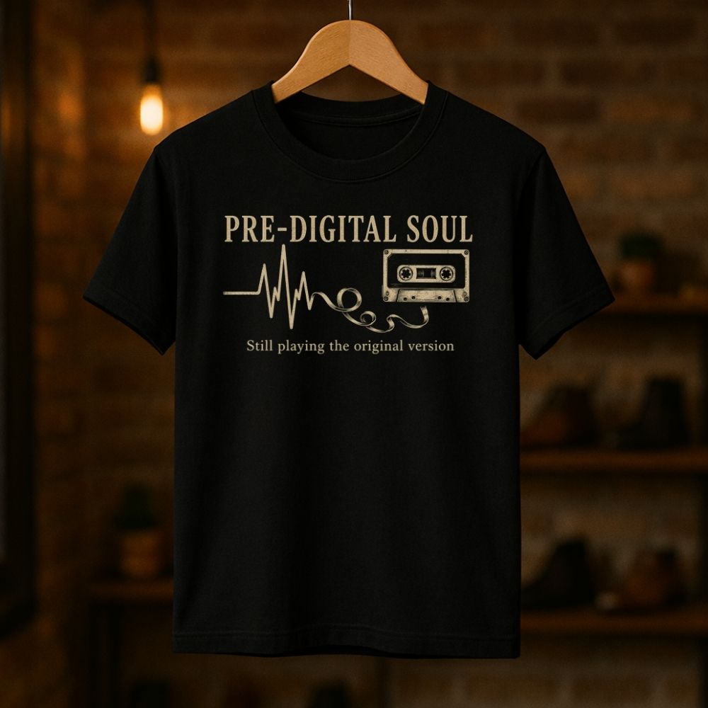 Black t-shirt with 'Pre-Digital Soul' design on a wooden hanger against a dark background