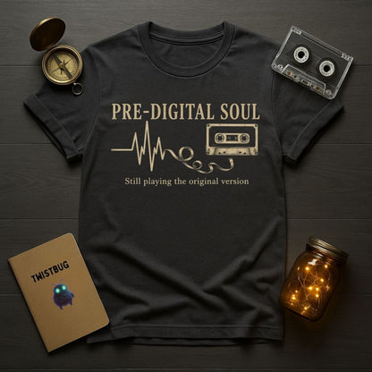Black t-shirt with 'Pre-Digital Soul' design on a wooden surface with vintage items.