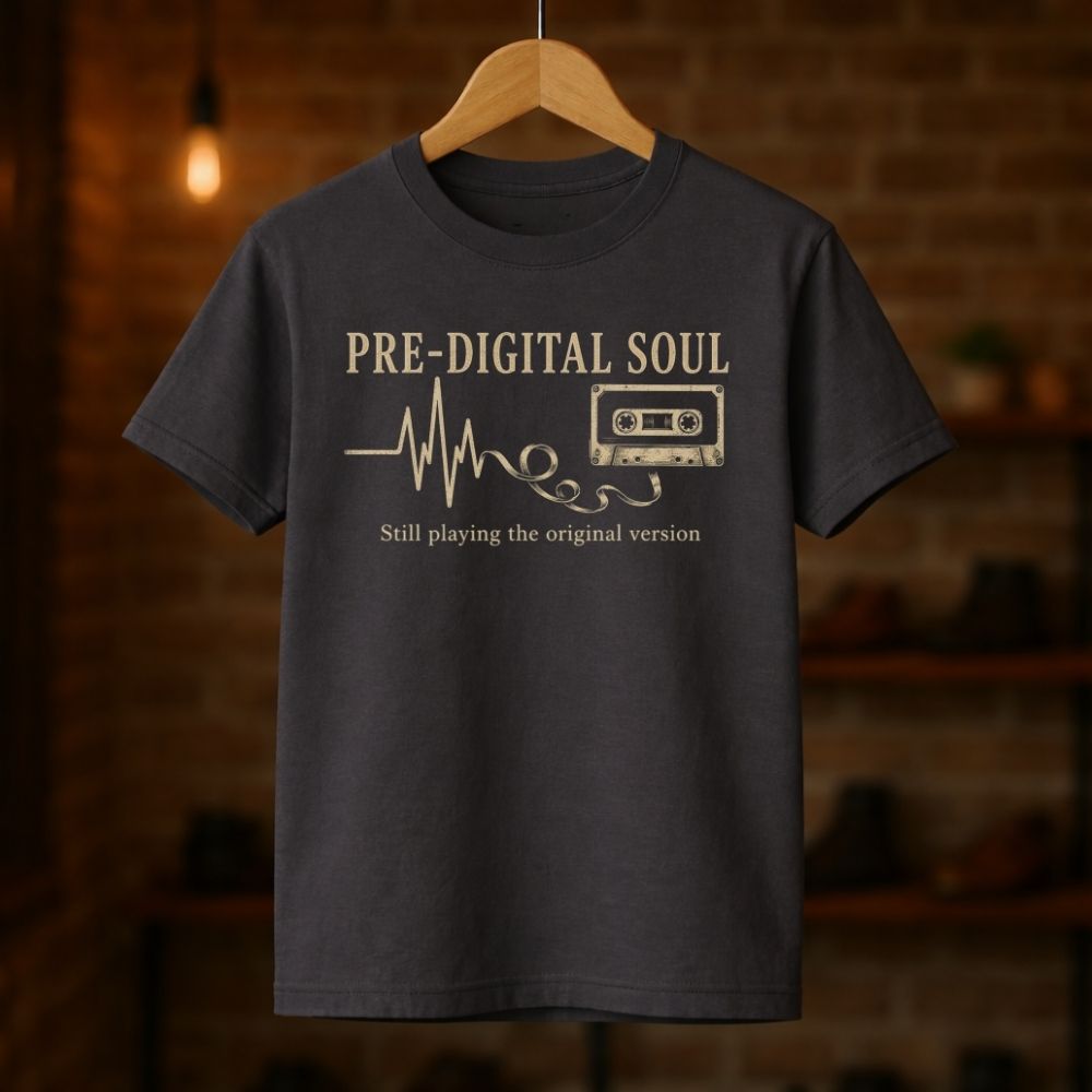 Dark t-shirt with 'Pre-Digital Soul' design on a wooden hanger against a blurred brick wall background
