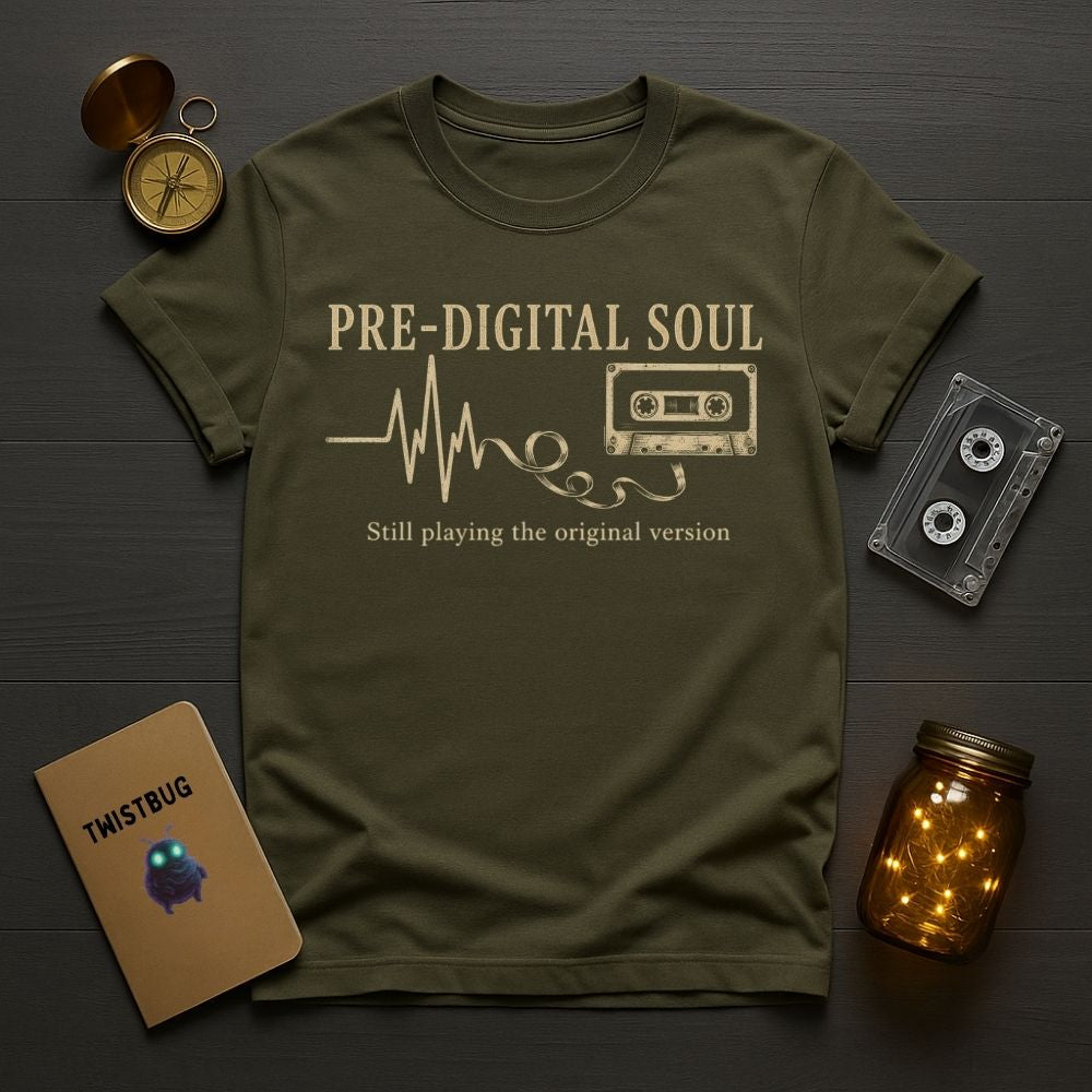 Green t-shirt with 'Pre-Digital Soul' design on a wooden surface with vintage items.