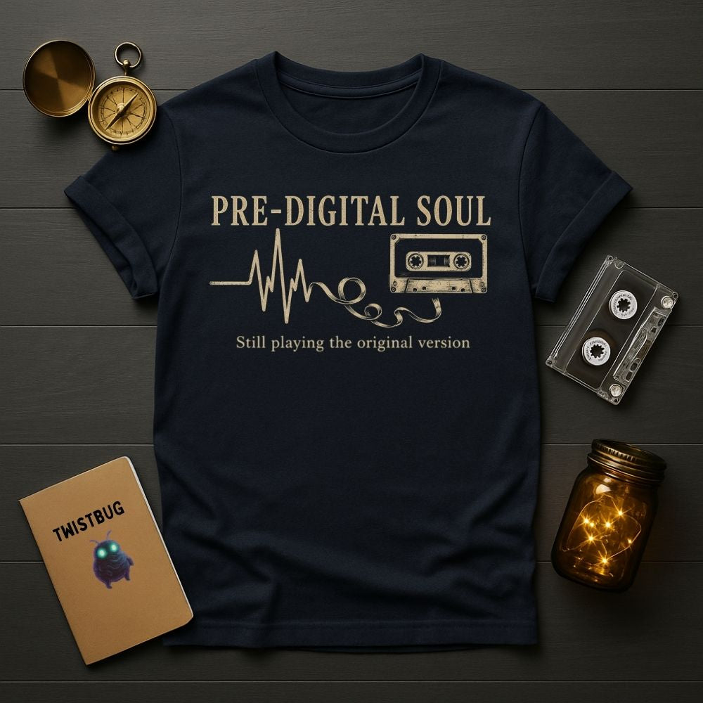 Navy blue t-shirt with 'Pre-Digital Soul' design on a wooden surface with vintage items.