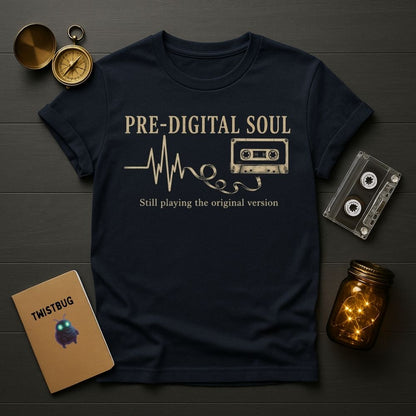 Navy blue t-shirt with 'Pre-Digital Soul' design on a wooden surface with vintage items.
