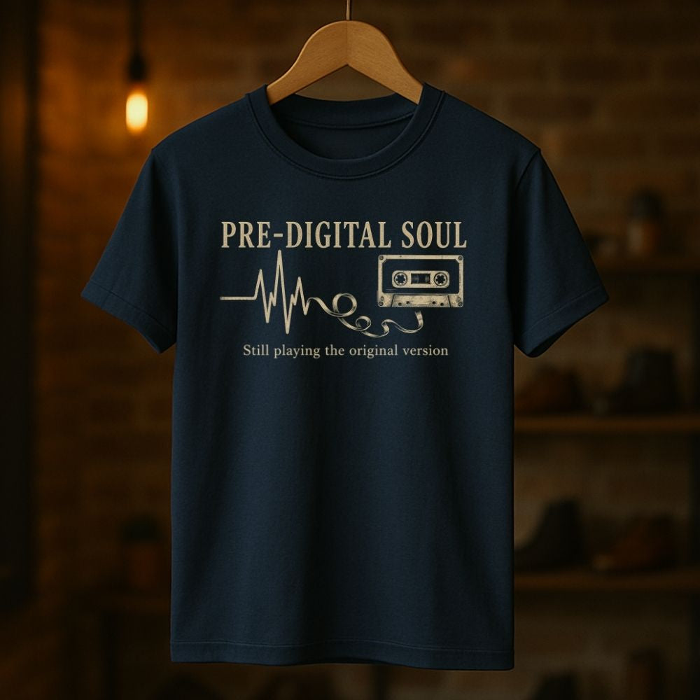 Navy blue t-shirt with 'Pre-Digital Soul' text and cassette tape graphic on a wooden hanger against a dark background.