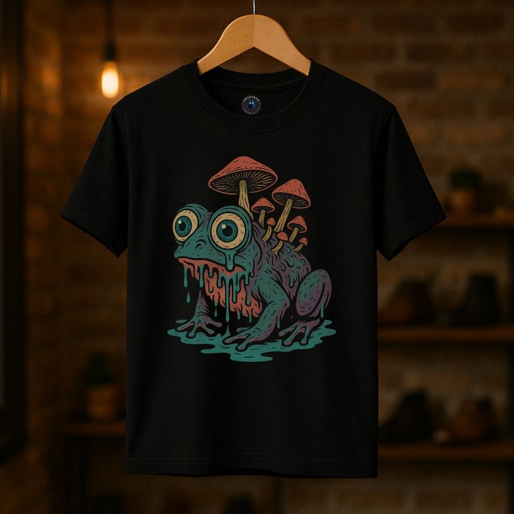 Black unisex T-shirt featuring surreal frog creature with mushrooms, psychedelic graphic design