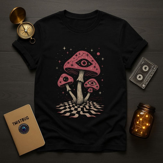 Black graphic T-shirt with surreal psychedelic mushrooms featuring eye symbols, cosmic dreamlike illustration