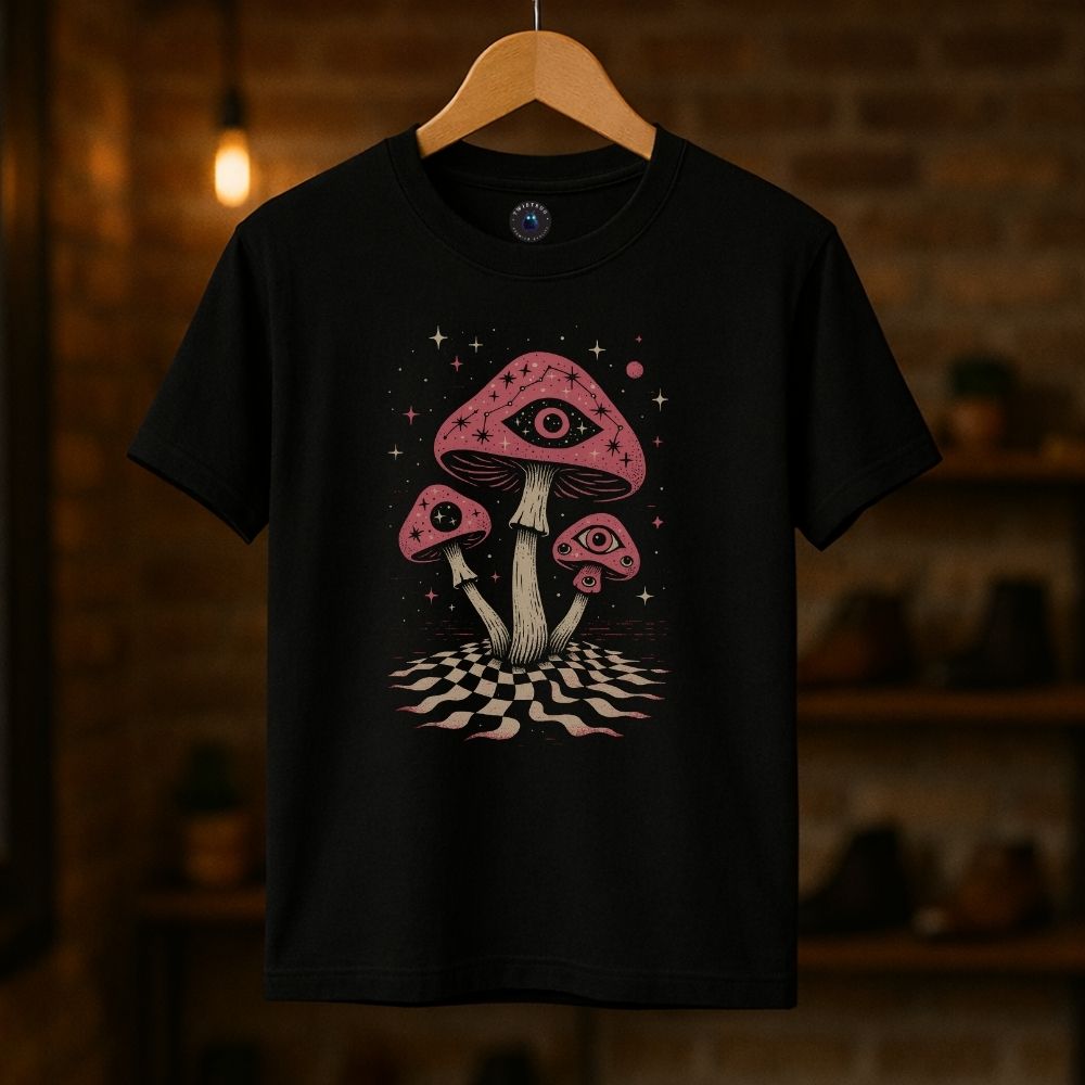 Black unisex T-shirt with psychedelic mushroom eye illustration, surreal cosmic art design on hanger