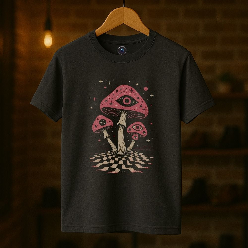 Charcoal gray T-shirt displaying surreal mushroom eye artwork, psychedelic dreamlike graphic tee