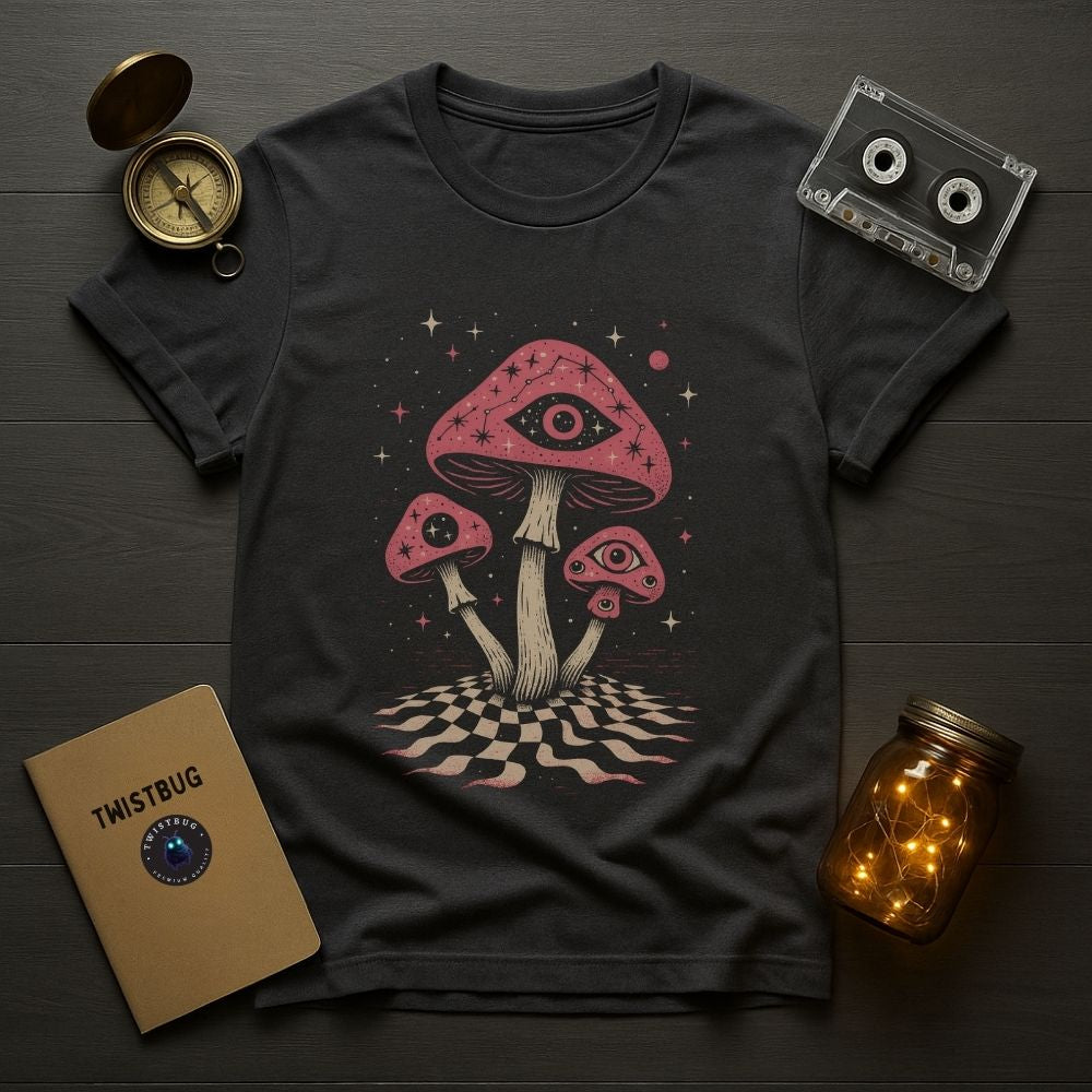 Dark gray T-shirt with surreal mushroom eye illustration, psychedelic cosmic artwork on unisex tee