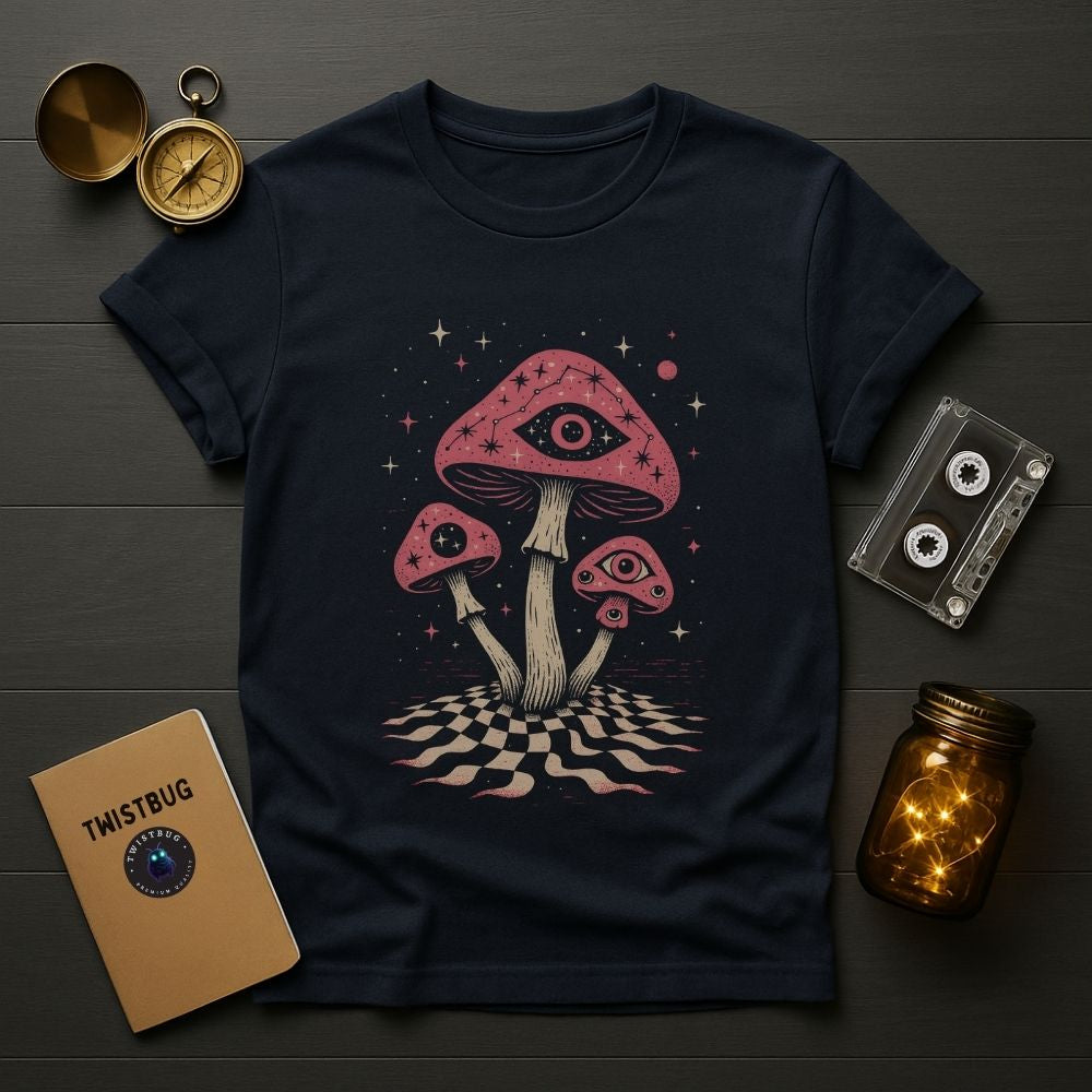Navy blue graphic T-shirt featuring psychedelic mushroom eye design inspired by surreal dream imagery