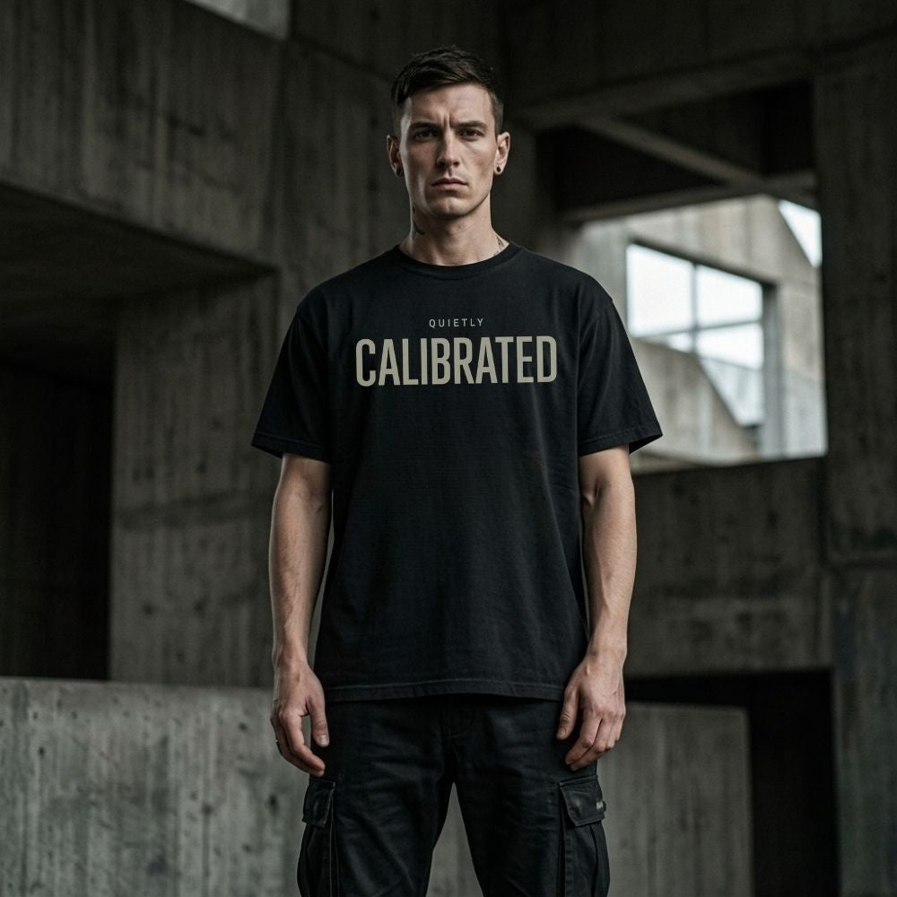 Man wearing a black t-shirt with 'Quietly Calibrated' text in an industrial setting