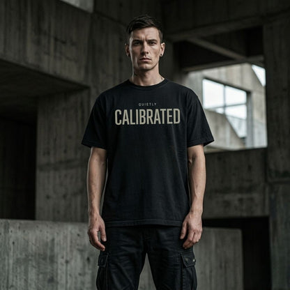 Man wearing a black t-shirt with 'Quietly Calibrated' text in an industrial setting