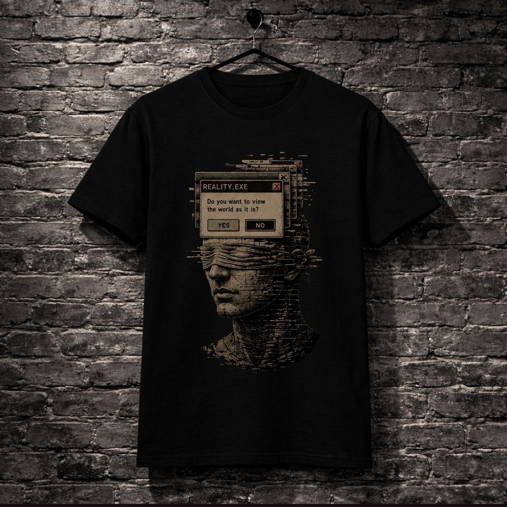 A black short-sleeve graphic t-shirt hanging on a black hanger against a dark gray brick wall. The shirt features a distressed, pixelated graphic of a blindfolded face with a computer-style dialog box overlay reading 'REALITY EXE' and 'Do you want to view the world as it is, or as it was?'.