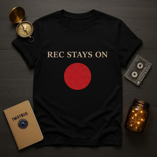 Black t-shirt with 'REC STAYS ON' text and red circle design, placed on a wooden surface with vintage items.