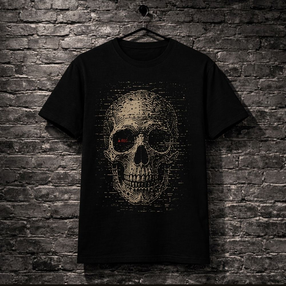 Black t-shirt with a skull design on a brick wall background