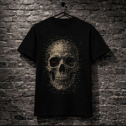 Black t-shirt with a skull design on a brick wall background