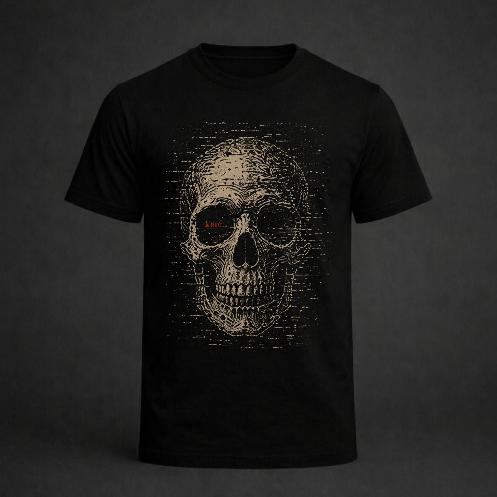 Black t-shirt with a skull design on a dark background