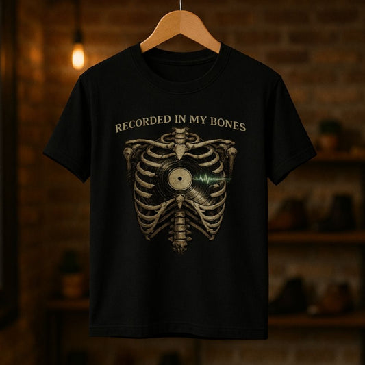 Black graphic tee with vinyl record ribcage design hanging in warm studio light
