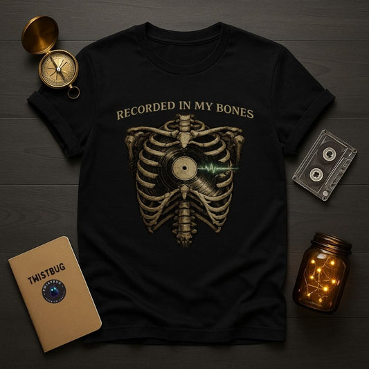 Vintage black T-shirt with “Recorded in My Bones” ribcage vinyl music graphic