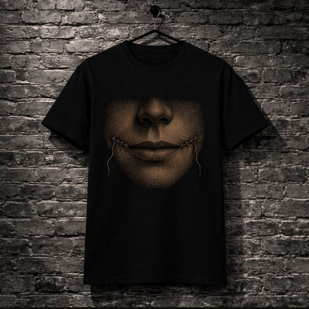 A black short-sleeve t-shirt hanging on a black hanger against a dark gray brick wall. The shirt features a large graphic print of a stitched face in sepia tones covering the eyes and mouth area.