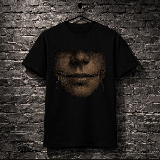 A black short-sleeve t-shirt hanging on a black hanger against a dark gray brick wall. The shirt features a large graphic print of a stitched face in sepia tones covering the eyes and mouth area.