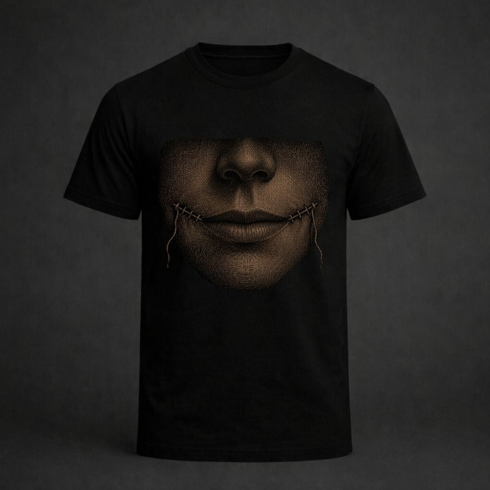 A black short-sleeve crewneck t-shirt featuring a graphic print of a stitched face on the front, displayed against a dark gray background.