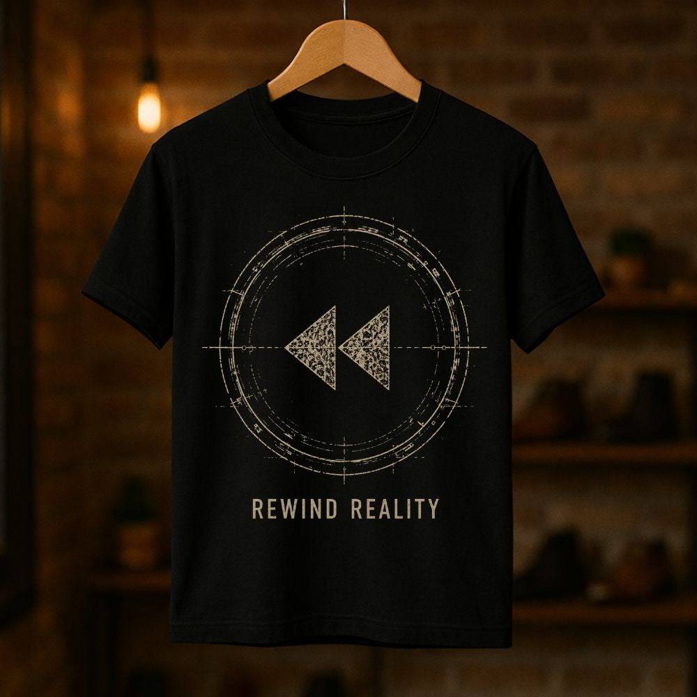 A black short-sleeve t-shirt hanging on a wooden hanger against a warm, blurred brick wall background. The shirt features a distressed beige circular graphic with a rewind symbol and the text 'REWIND REALITY' printed below.