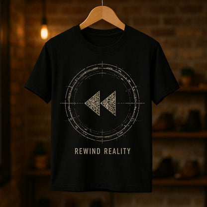 A black short-sleeve t-shirt hanging on a wooden hanger against a warm, blurred brick wall background. The shirt features a distressed beige circular graphic with a rewind symbol and the text 'REWIND REALITY' printed below.